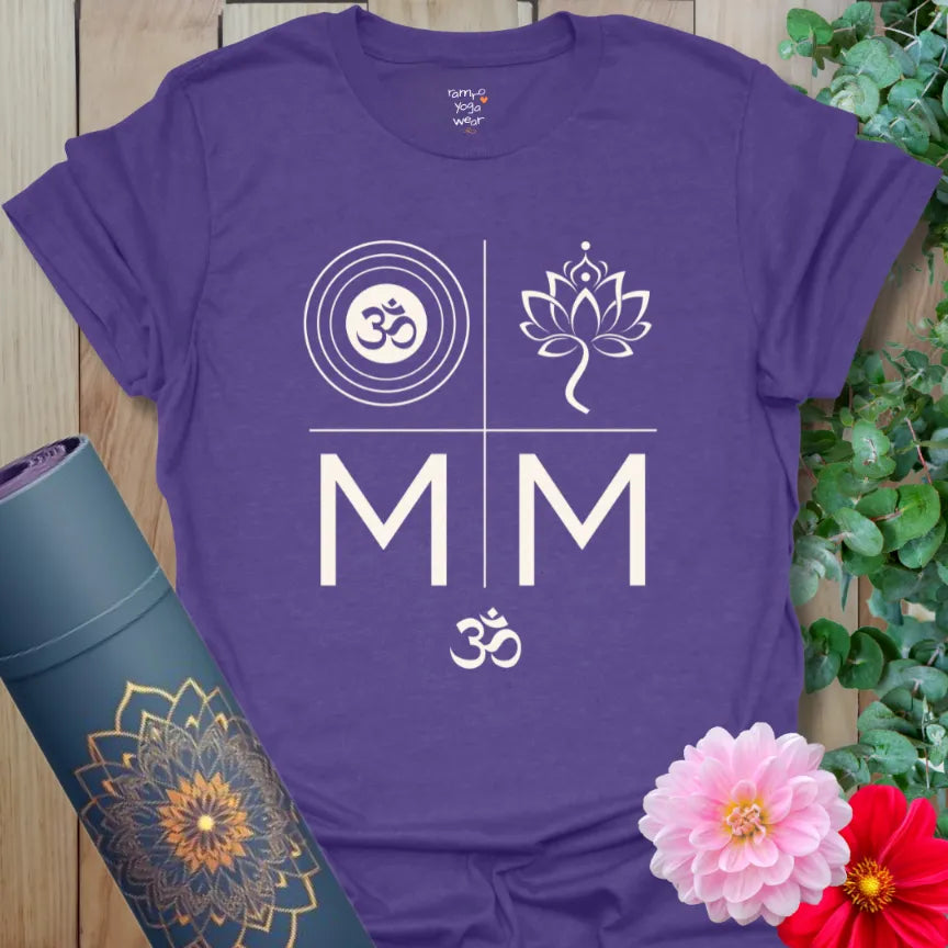 Heather Purple tee with symbolic four-grid design: Om symbol, blooming lotus, mirrored M’s and mantra. For energy and balance.