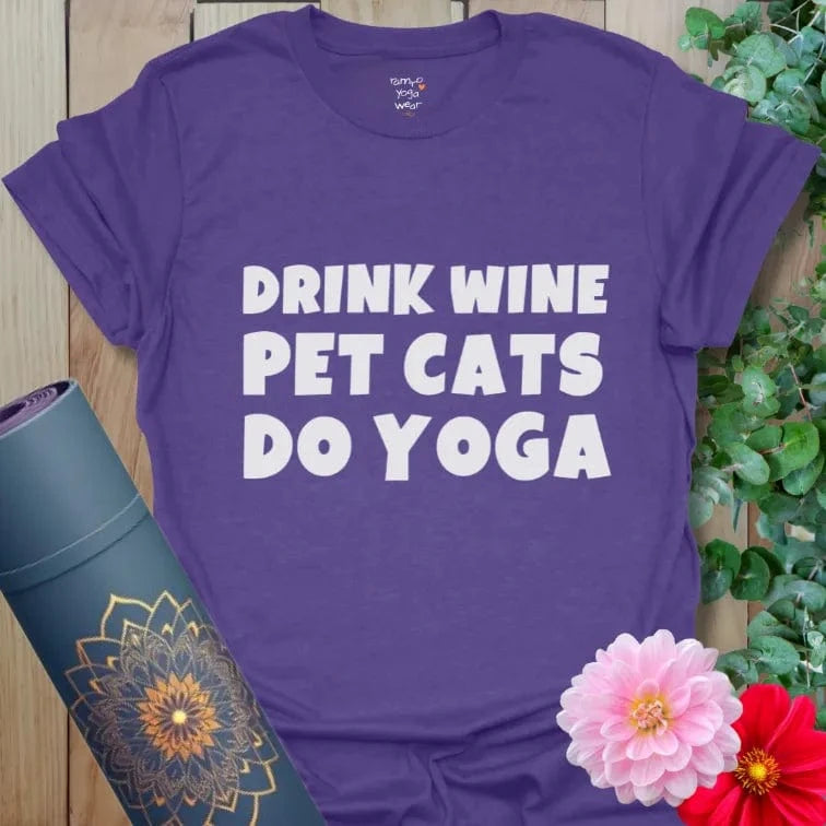 Heather Purple Wine and Cats T-Shirt featuring humorous yoga phrase. Perfect for wine nights and morning stretches.