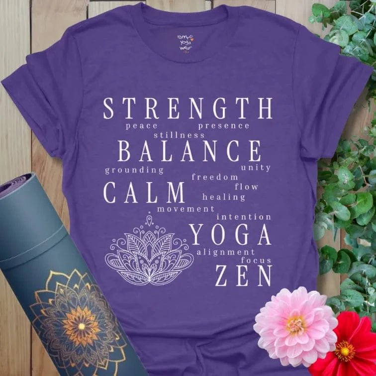 Inspirational yoga shirt with empowering text in bold white.