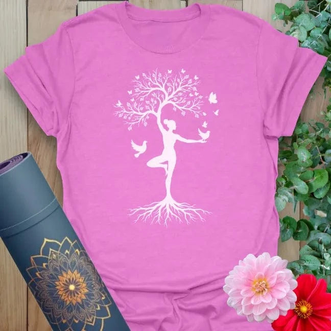 Purple yoga t-shirt with graceful rooted yogi design for mindful living