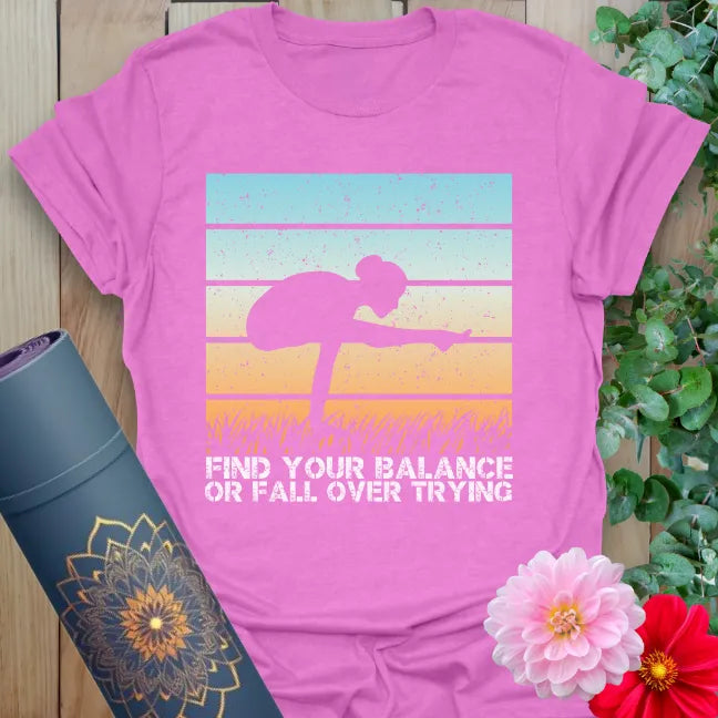 Purple Balance T-Shirt featuring humorous yoga quote and retro graphic
