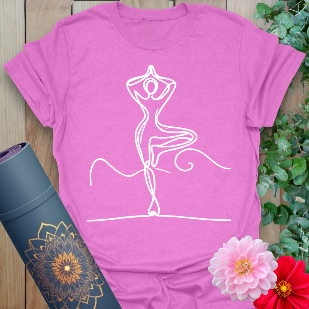 Purple yoga t-shirt with elegant tree pose minimalist artwork