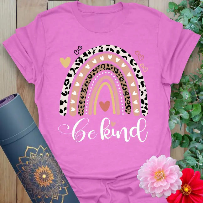 Purple kindness tee with heart-filled rainbow and soft cotton feel