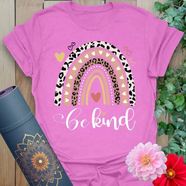Purple kindness tee with heart-filled rainbow and soft cotton feel