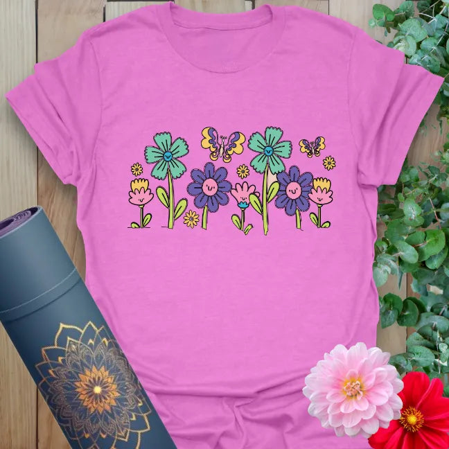 Purple Boho Flowers T-Shirt with playful flower and butterfly print