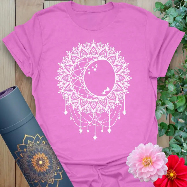 Purple Boho Sun Moon T-Shirt featuring cosmic dreamcatcher design