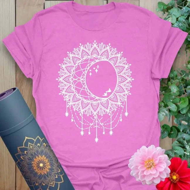 Purple Boho Sun Moon T-Shirt featuring cosmic dreamcatcher design