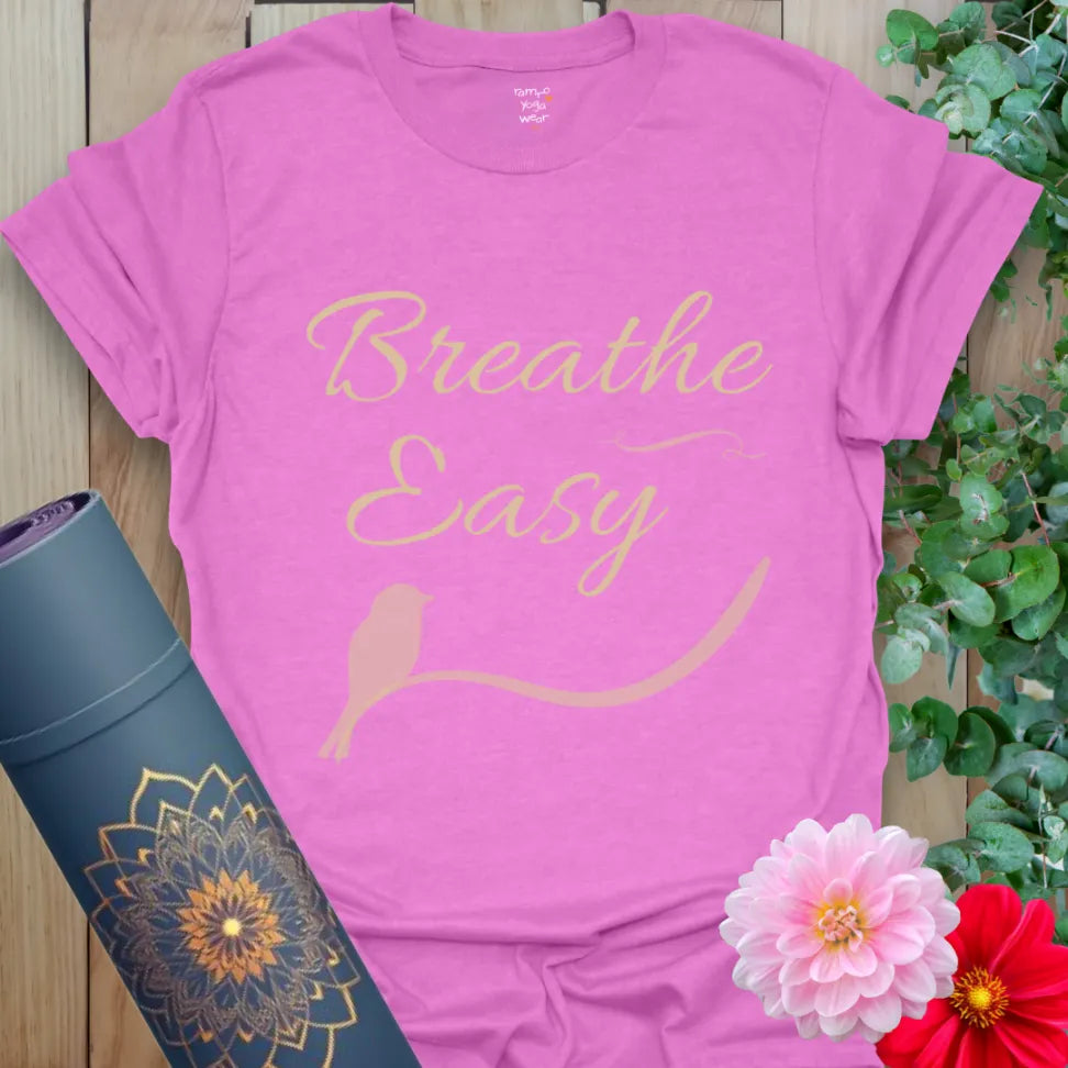 Breathe Easy T-Shirt in Heather Radiant Orchid with gentle script and flowing bird accent. A bright, soulful shirt for mindful living.