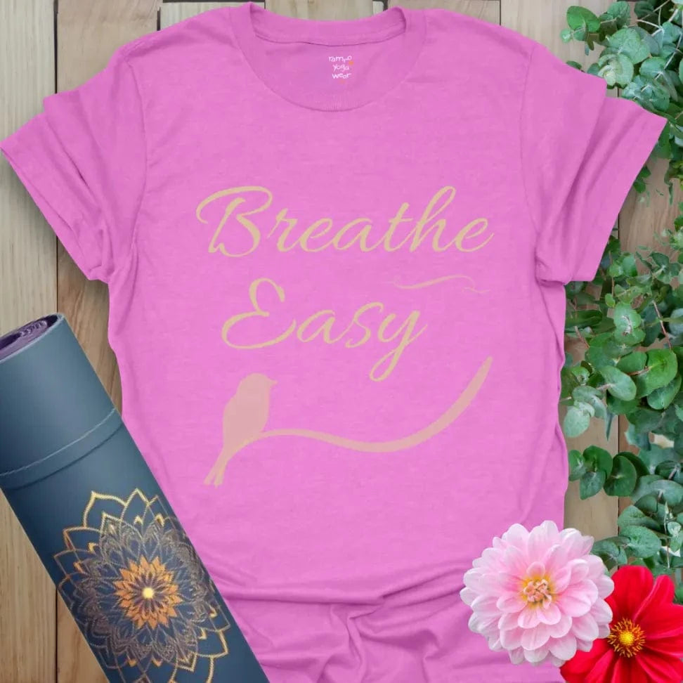 Breathe Easy T-Shirt in Heather Radiant Orchid with gentle script and flowing bird accent. A bright, soulful shirt for mindful living.