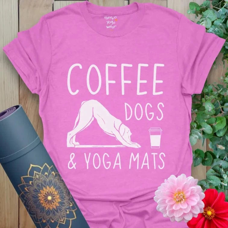 Heather Radiant Orchid Coffee Dogs T-Shirt featuring coffee, dogs, and yoga theme. Lighthearted lifestyle wear.