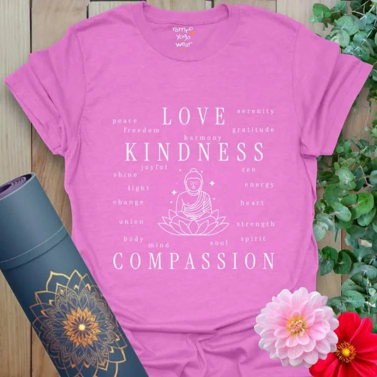 Radiant Orchid tee showcasing Buddha lotus art with inspiring words of love and kindness.