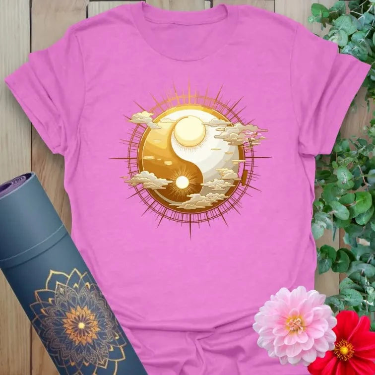 Purple Cosmic Harmony T-Shirt with celestial sun, moon, and cloud artwork