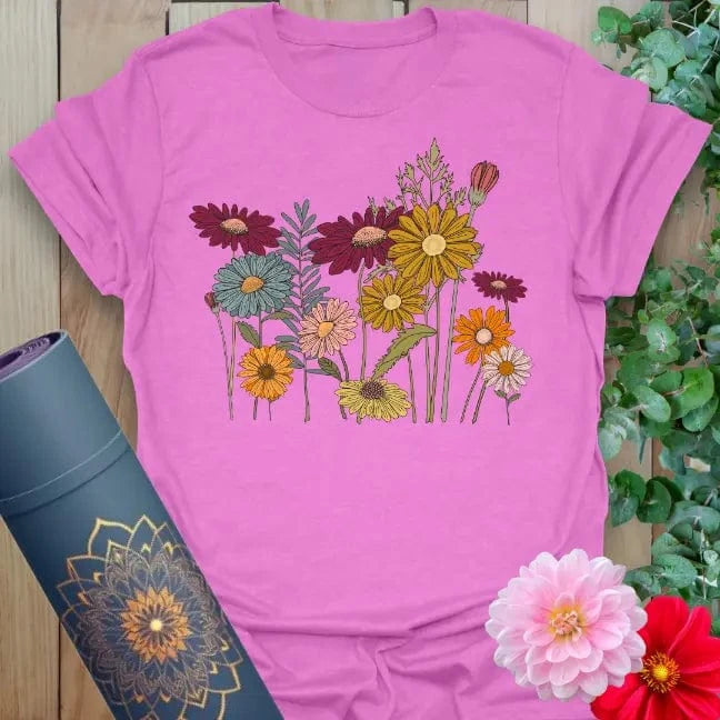 Purple Cottage Flowers T-Shirt with hand-sketched wildflower bouquet graphic