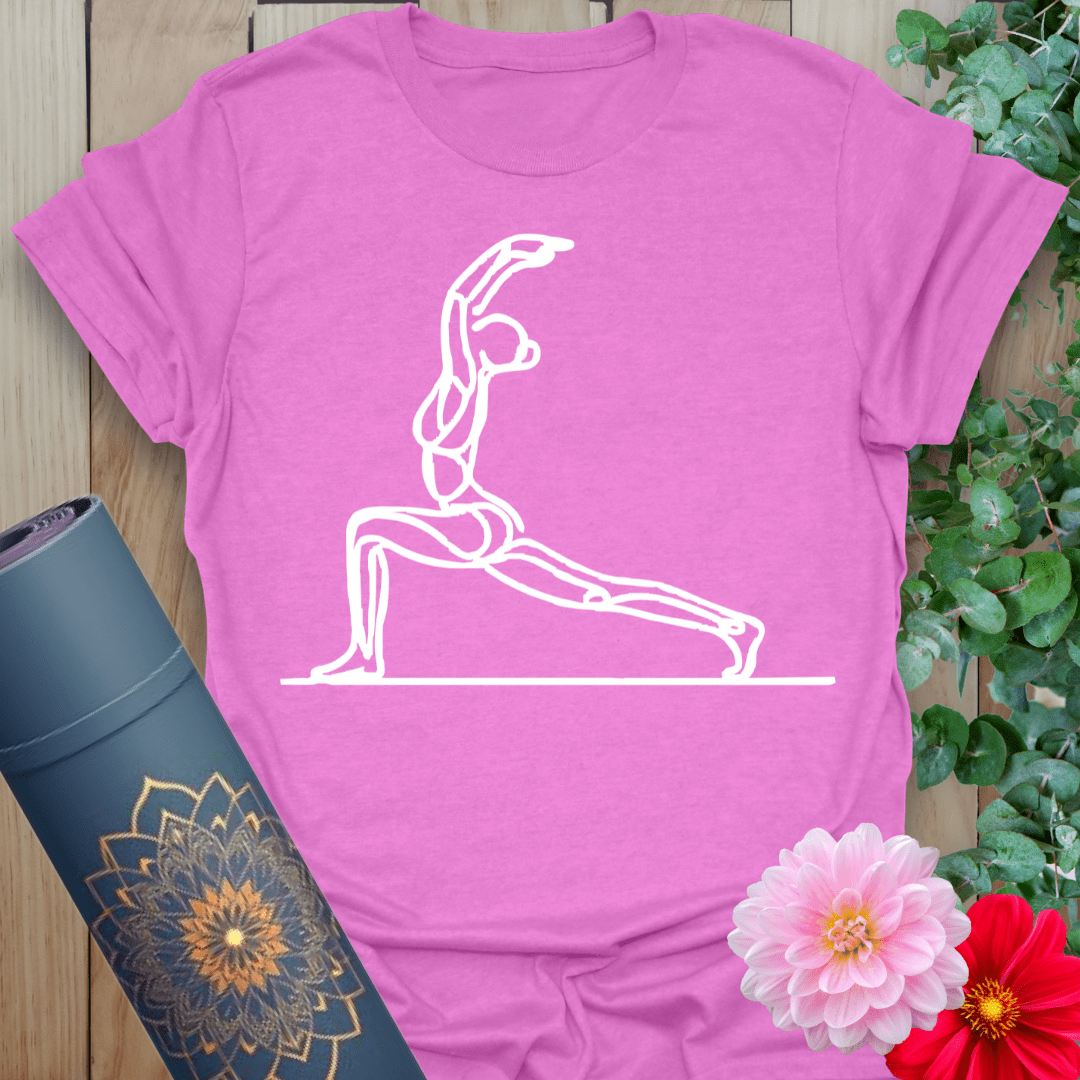 Purple Crescent Lunge T-Shirt with graceful minimalist yoga figure