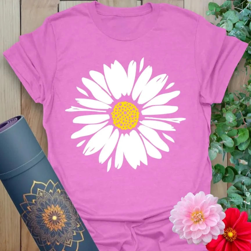 Purple Daisy T-Shirt featuring soft pink flower and joyful energy