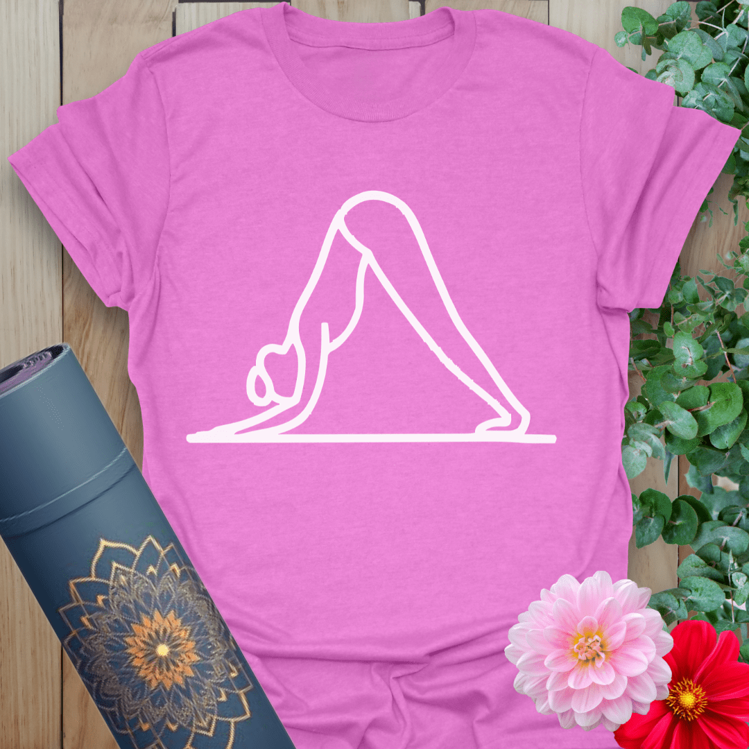 Purple Downward Dog T-Shirt showcasing flowing downward dog pose in elegant line design