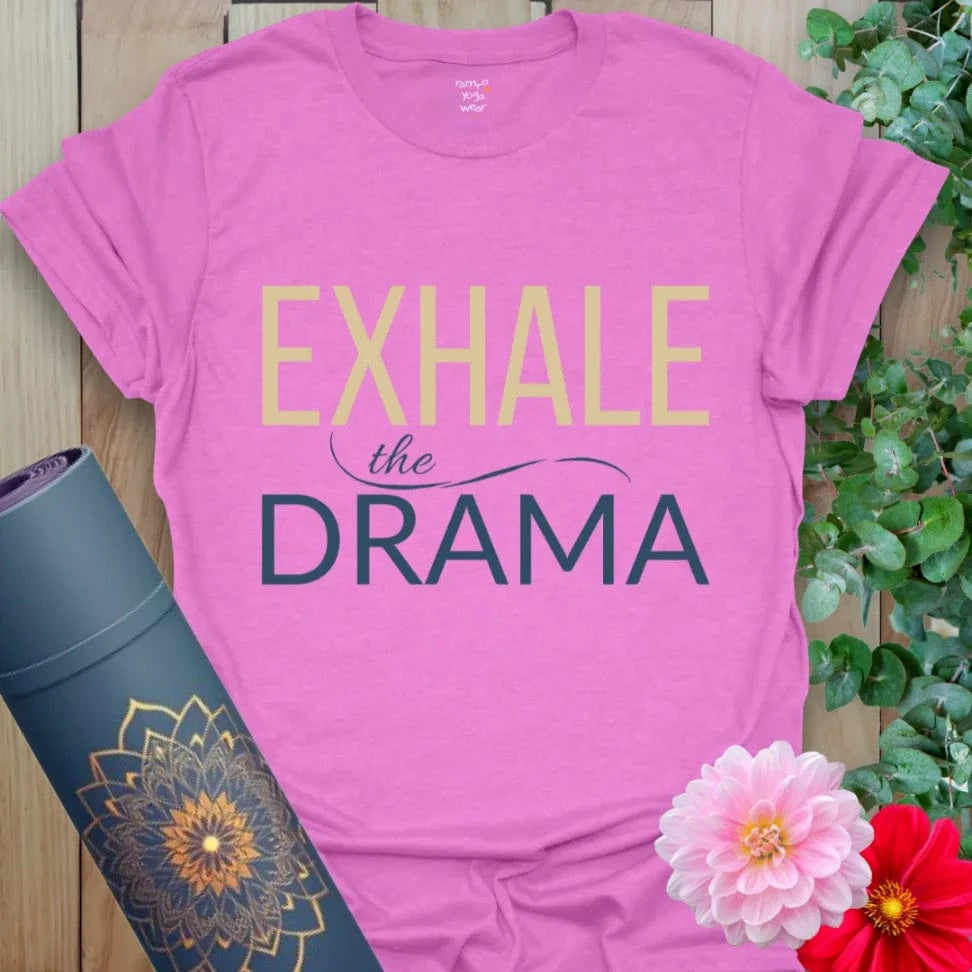 Drama T-Shirt in Heather Radiant Orchid with mixed fonts and peaceful layout. Yoga lifestyle tee with soulful presence.