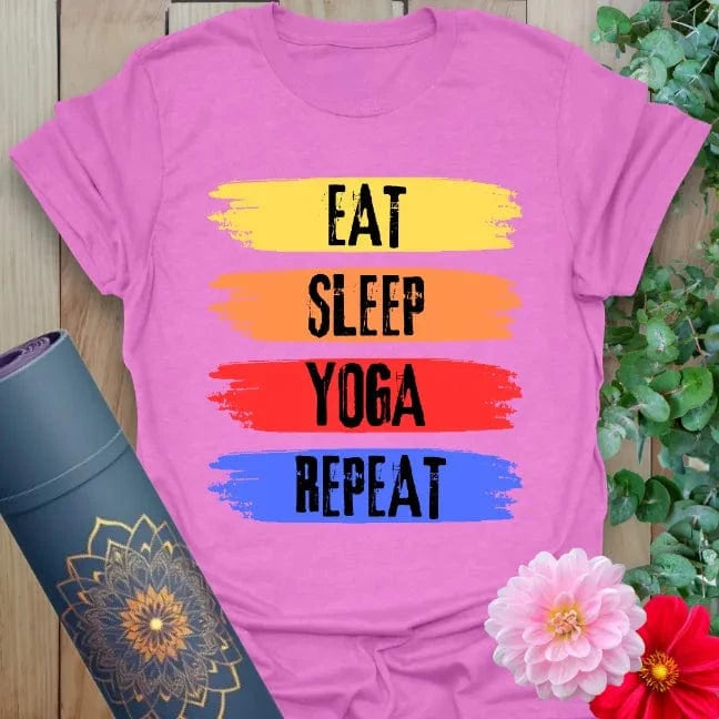 Purple yoga t-shirt featuring joyful daily yoga mantra design