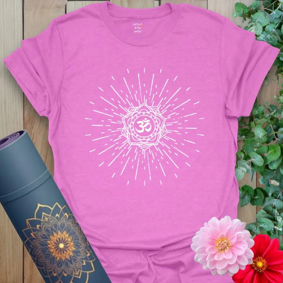 Purple Echo of Om T-Shirt with vibrant OM symbol and radiating waves