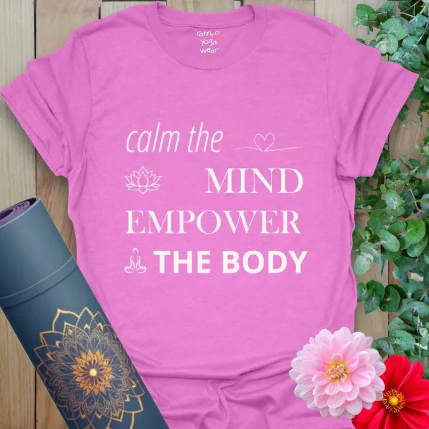 Heather Radiant Orchid Empower T-Shirt with inspirational quote: “Calm the Mind, Empower the Body.” Vibrant yoga gift tee for daily balance.