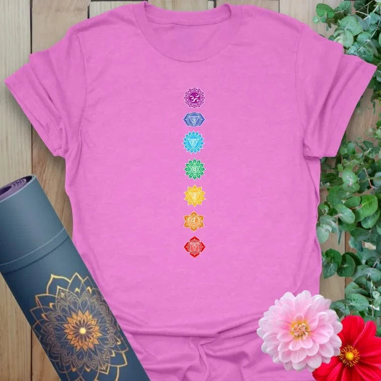 Radiant orchid-colored yoga tee with centered chakra alignment design for everyday mindfulness.