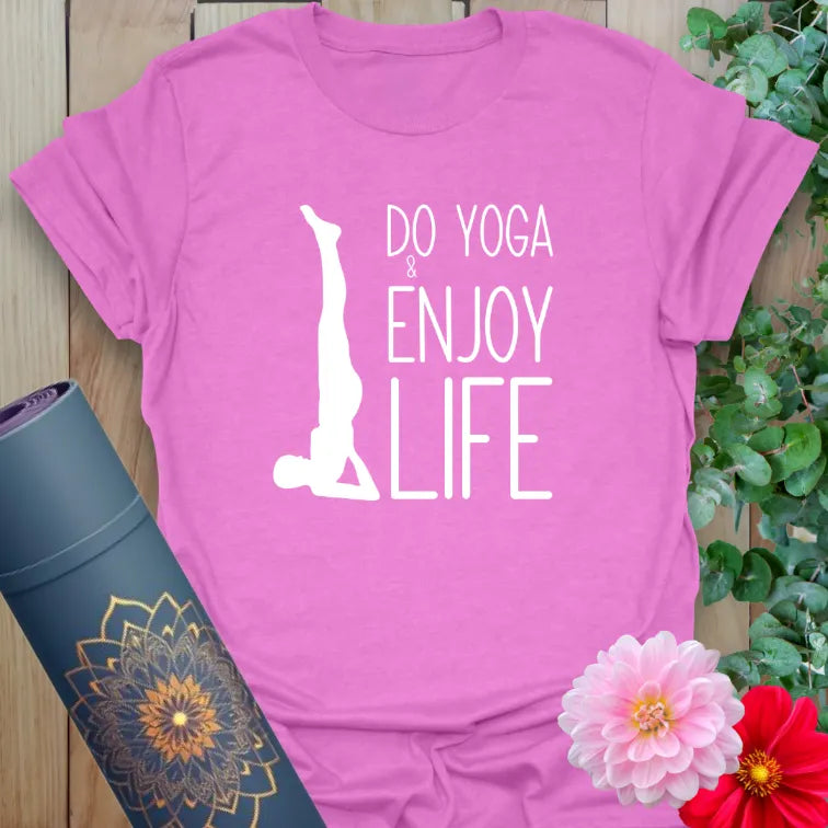 Radiant orchid-colored yoga tee with uplifting "Do Yoga & Enjoy Life" design and playful yogi silhouette.