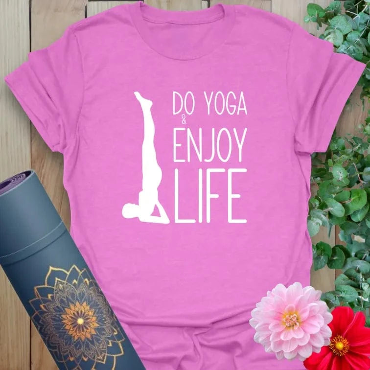 Radiant orchid-colored yoga tee with uplifting "Do Yoga & Enjoy Life" design and playful yogi silhouette.