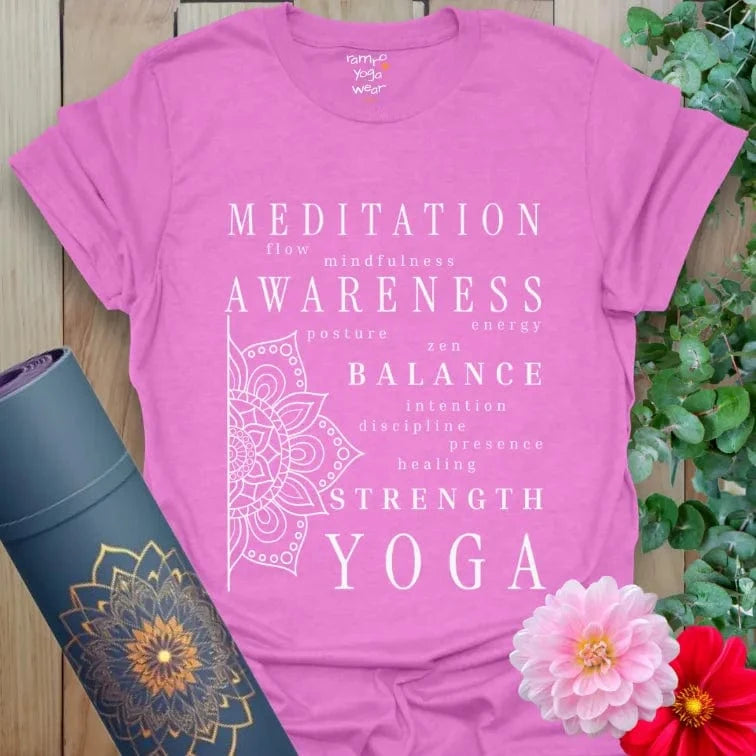 Heather Radiant Orchid Essence T-Shirt with meditation and awareness typography. Soft and soulful yoga tee.