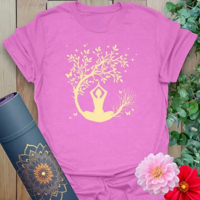 Radiant orchid-colored yoga tee showcasing meditative yogi silhouette and crescent moon-inspired nature art.