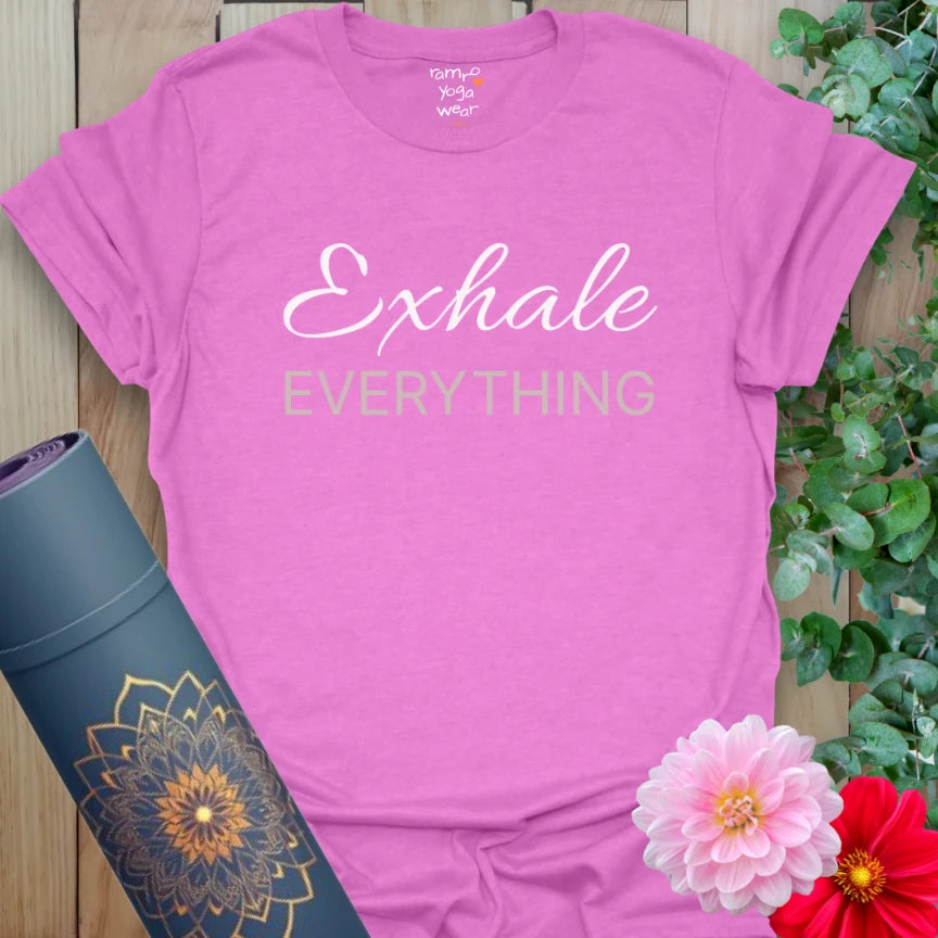 Heather Radiant Orchid Exhale Everything T-Shirt with elegant typography. A vibrant yet soothing shirt for letting go.