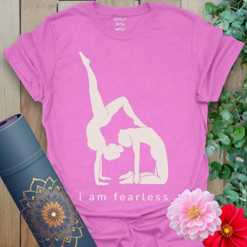 Heather Radiant Orchid Fearless T-Shirt with “I Am Fearless” mantra and yoga pose illustration. Bold yoga lifestyle tee for strength and confidence.