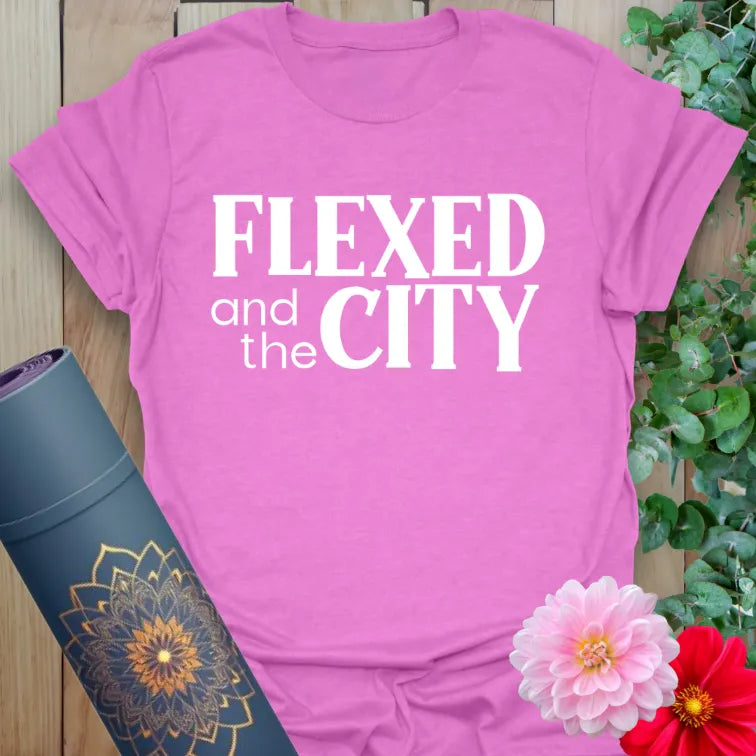 Radiant orchid-colored yoga tee with fun "Flexed and the City" phrase blending fitness and mindful living.