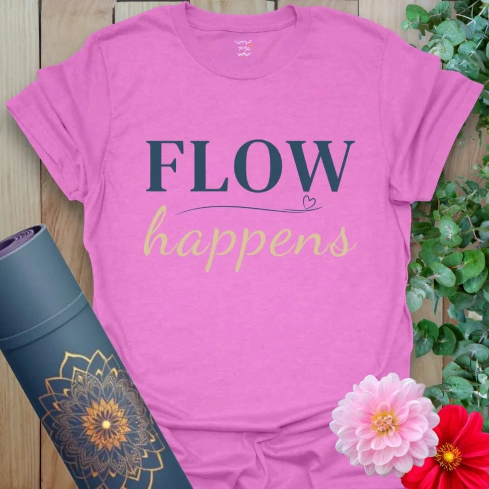 Flow Happens T-Shirt in Heather Radiant Orchid with smooth typography and playful layout. Yoga lifestyle shirt with humor and heart.