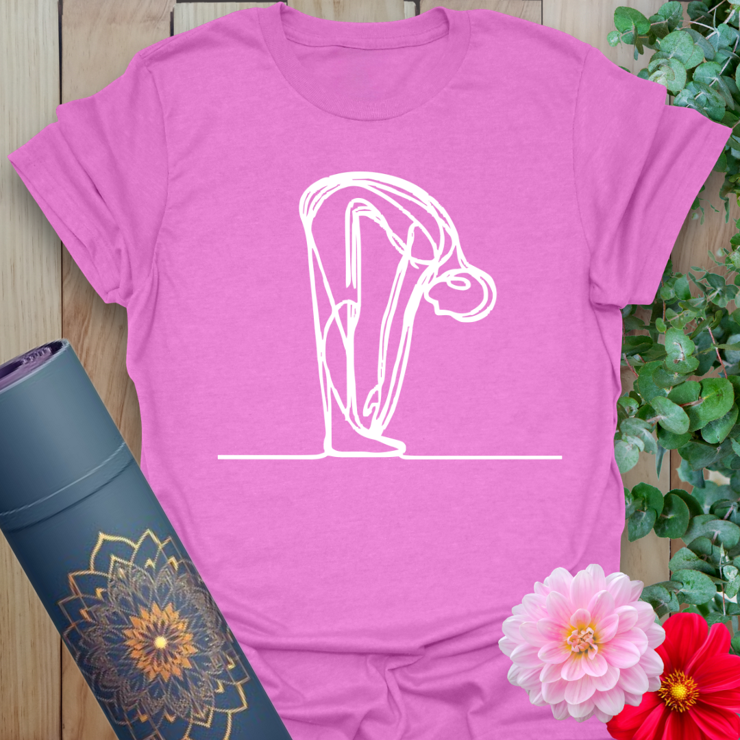 Radiant orchid-colored yoga tee with minimalist forward bend design inspiring inner peace, presence, and flexibility.