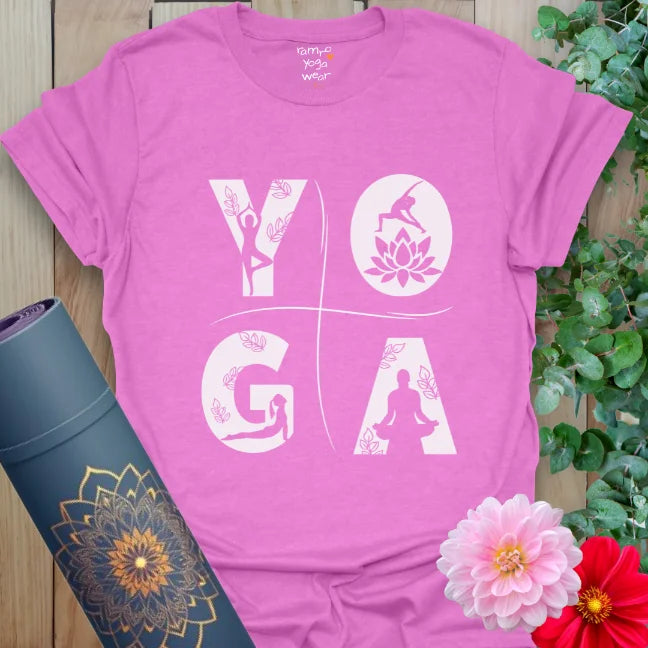 Bright Radiant Orchid yoga tee with bold white letters and yoga poses. Feminine, fun, and full of movement.