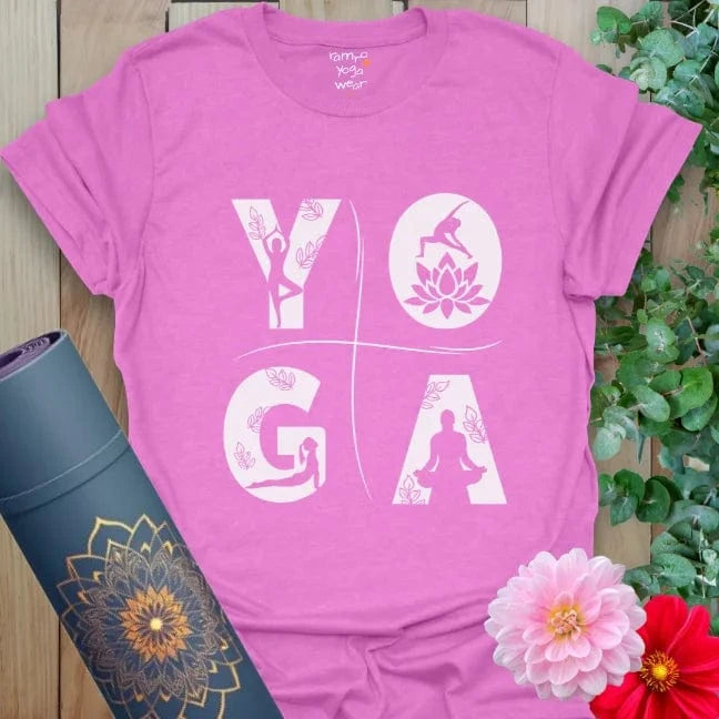 Bright Radiant Orchid yoga tee with bold white letters and yoga poses. Feminine, fun, and full of movement.