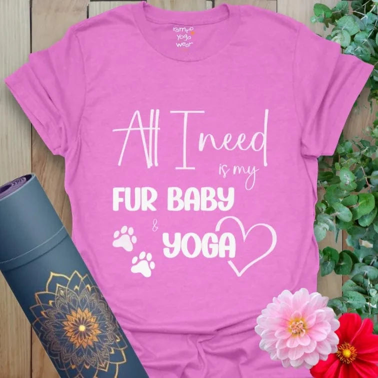 Heather Radiant Orchid Fur Baby T-Shirt with paw prints, heart, and yoga design. Lightweight everyday yoga wear.