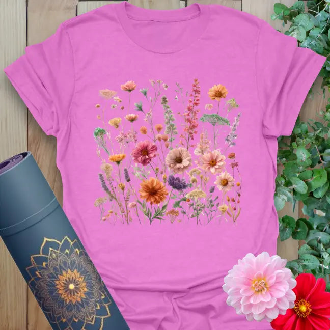 Radiant orchid-colored yoga tee with lush field of wildflowers and gerbera daisies inspiring soulful, joyful growth.