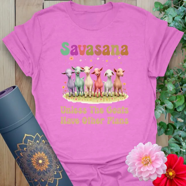 Radiant orchid-colored yoga tee with colorful goats and playful savasana quote celebrating light-hearted, soulful living.