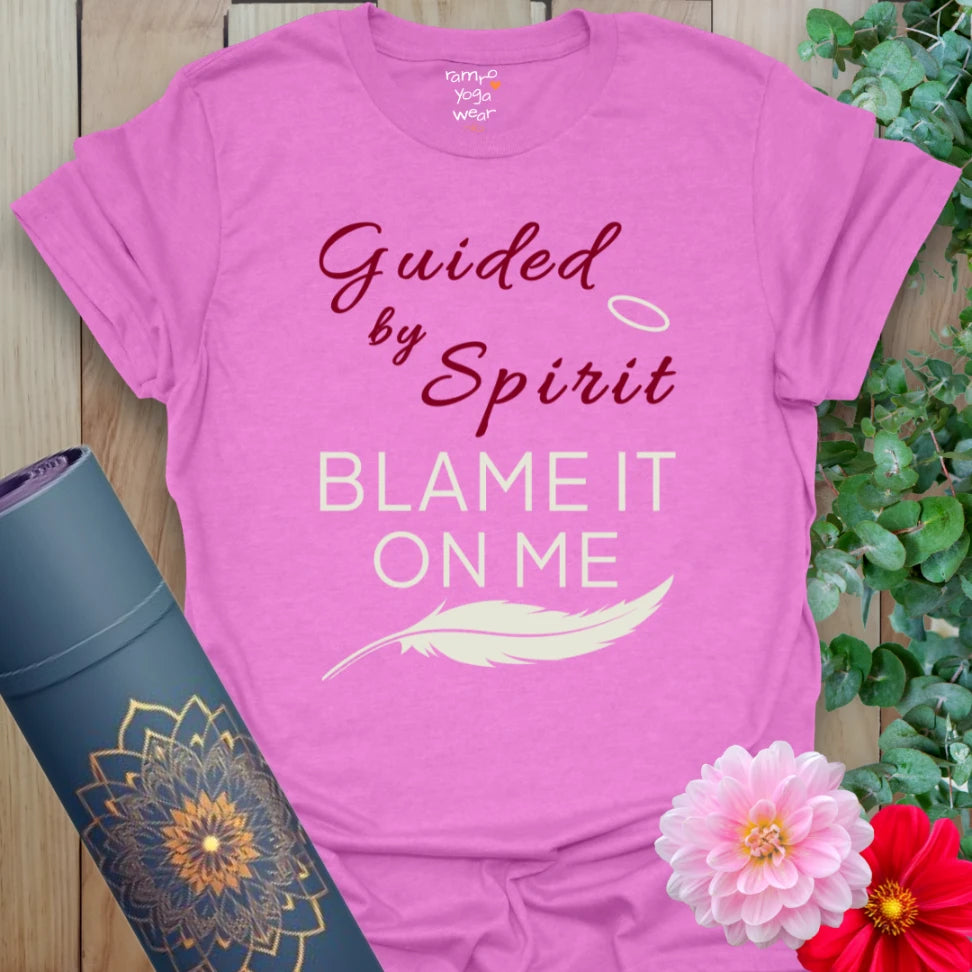 Heather Radiant Orchid Spirit T-Shirt with spiritual text and playful halo. Light yoga lifestyle tee.