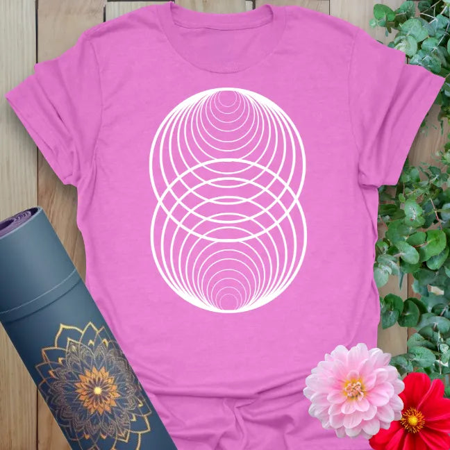 Radiant orchid-colored yoga tee with interwoven circle sacred geometry artwork celebrating unity and spiritual flow.