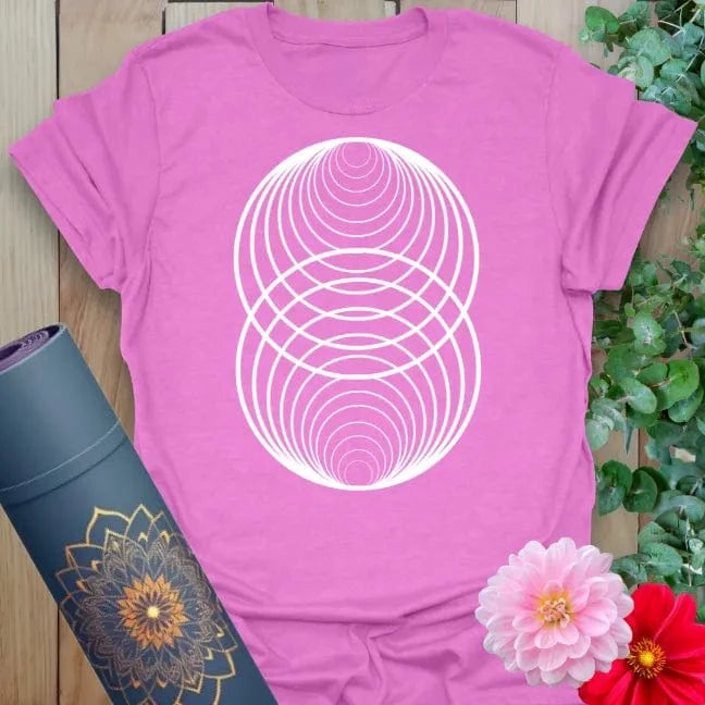Radiant orchid-colored yoga tee with interwoven circle sacred geometry artwork celebrating unity and spiritual flow.