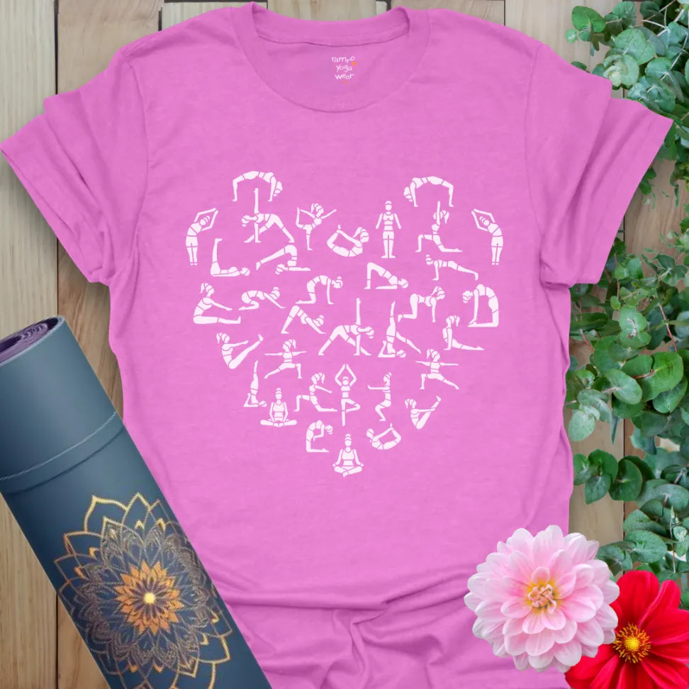 Radiant orchid-colored yoga tee with yoga pose heart design inspiring soulful expansion and heart-centered movement.