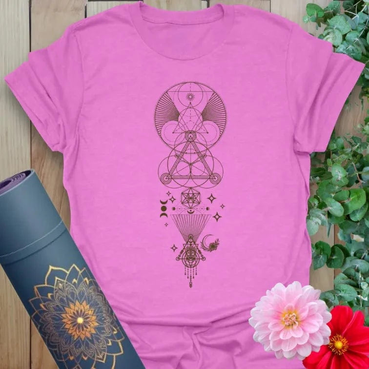 Radiant orchid-colored yoga tee with celestial and sacred geometry design honoring soulful cosmic journeys.