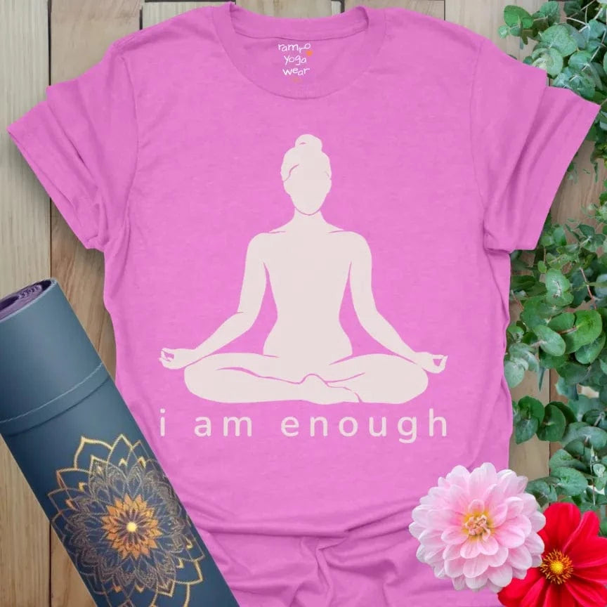 Heather Radiant Orchid I Am Enough T-Shirt with yogi silhouette in meditation pose and affirmation “I Am Enough.” Soulful yoga lifestyle tee.
