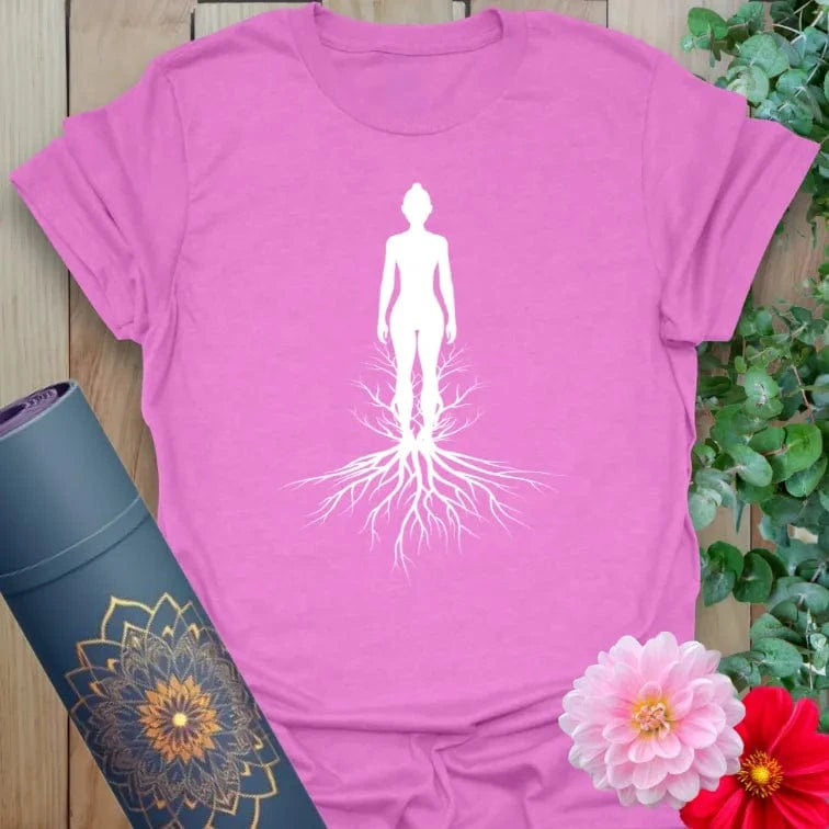 Radiant orchid-colored yoga tee with minimalistic rooted figure design inspiring mindful connection and soulful growth.