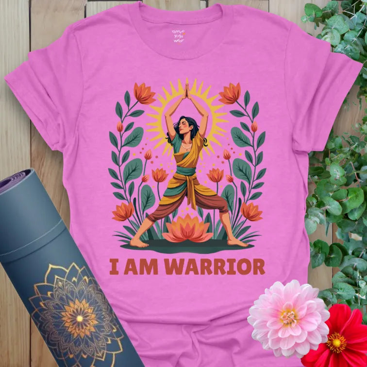 Radiant orchid-colored yoga tee featuring dynamic Warrior Pose yogi with blooming lotus design for conscious empowerment.