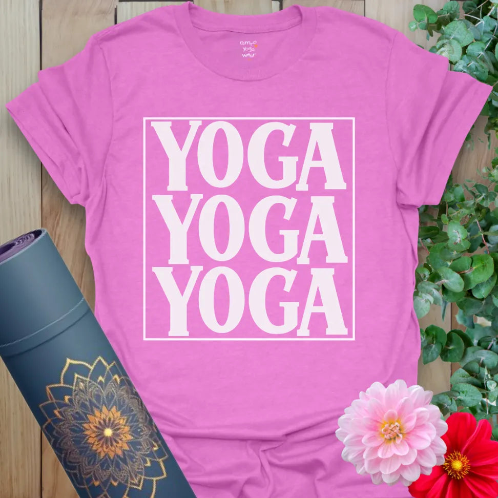Radiant orchid-colored yoga tee featuring clean minimalist triple yoga text for vibrant, mindful living.
