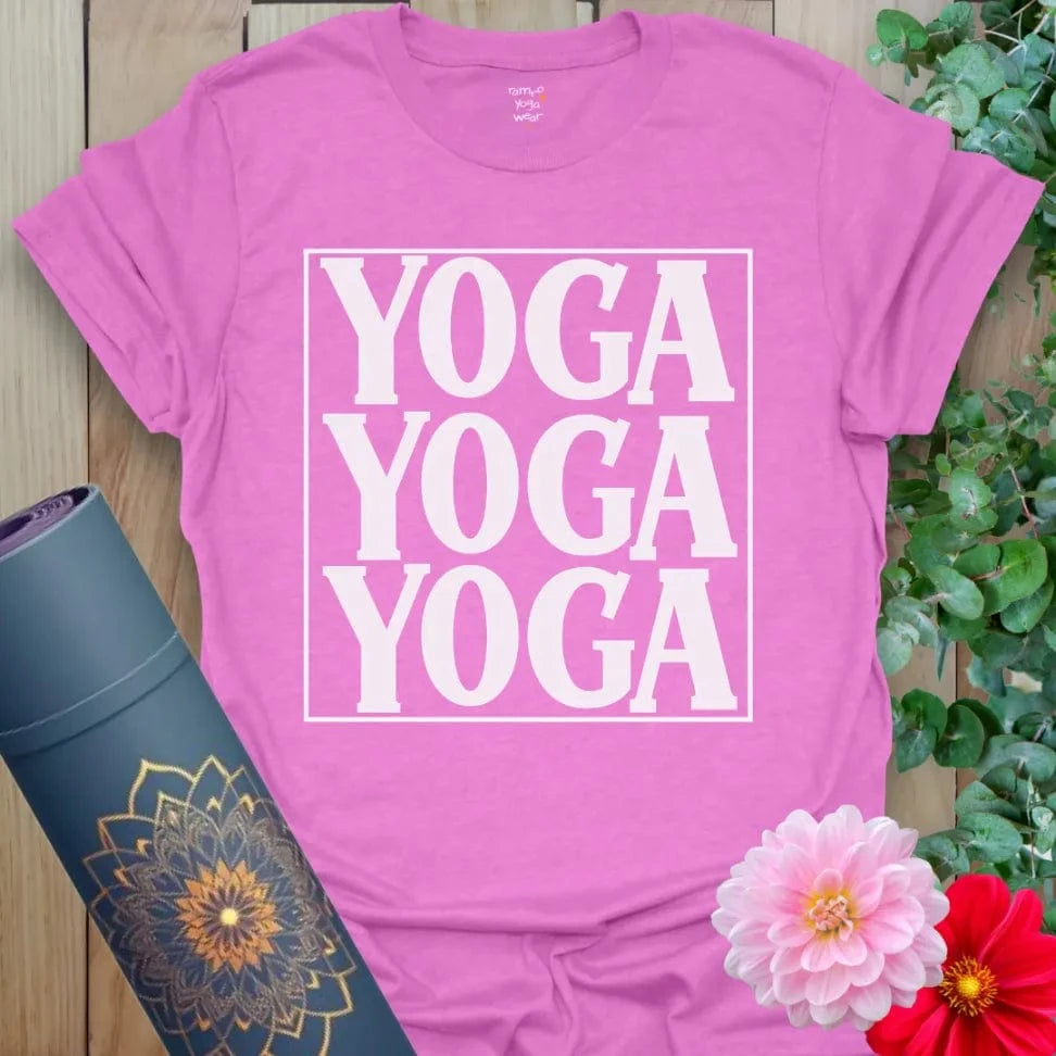 Radiant orchid-colored yoga tee featuring clean minimalist triple yoga text for vibrant, mindful living.