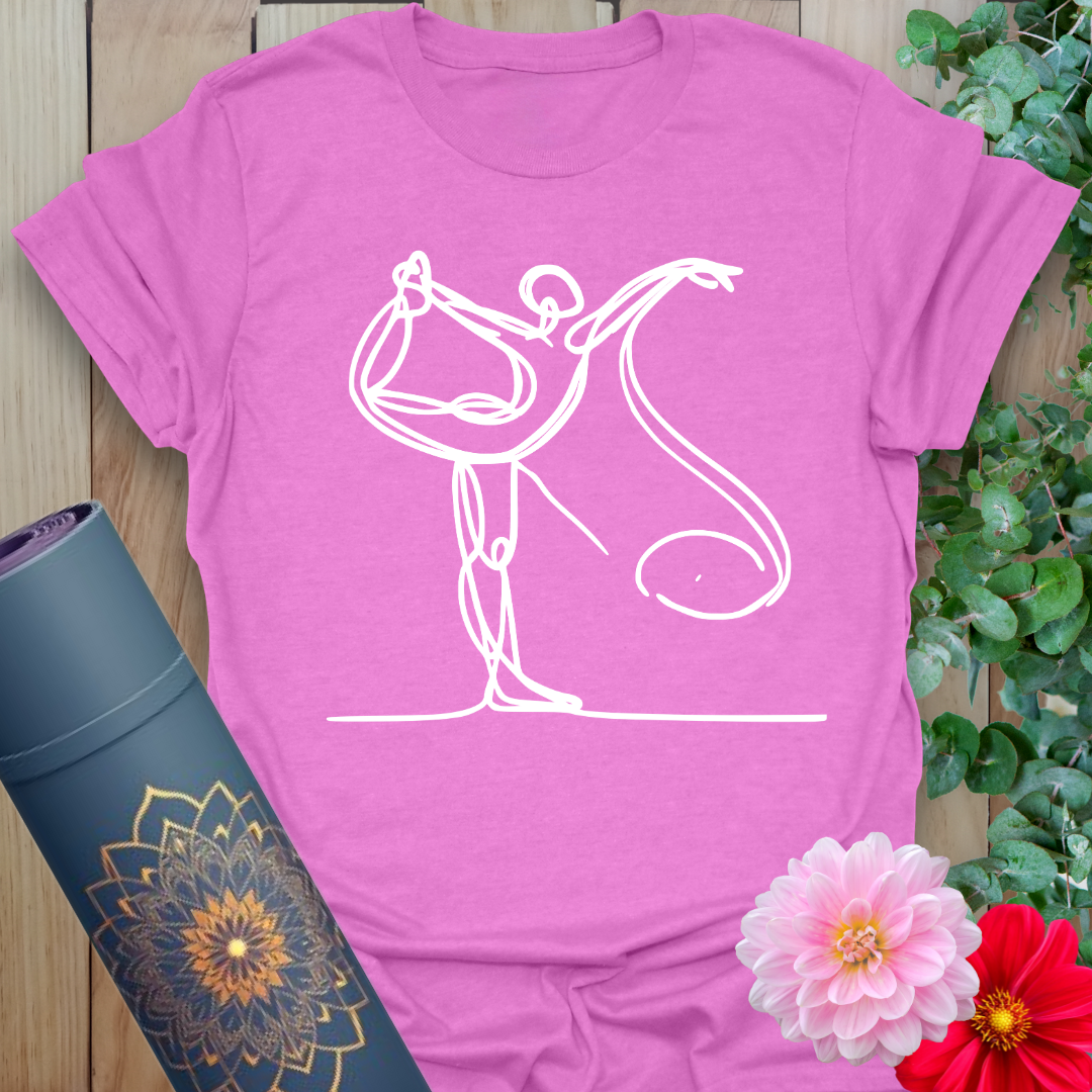 Radiant orchid-colored yoga tee featuring artistic continuous line yogi in Natarajasana for conscious, graceful movement.